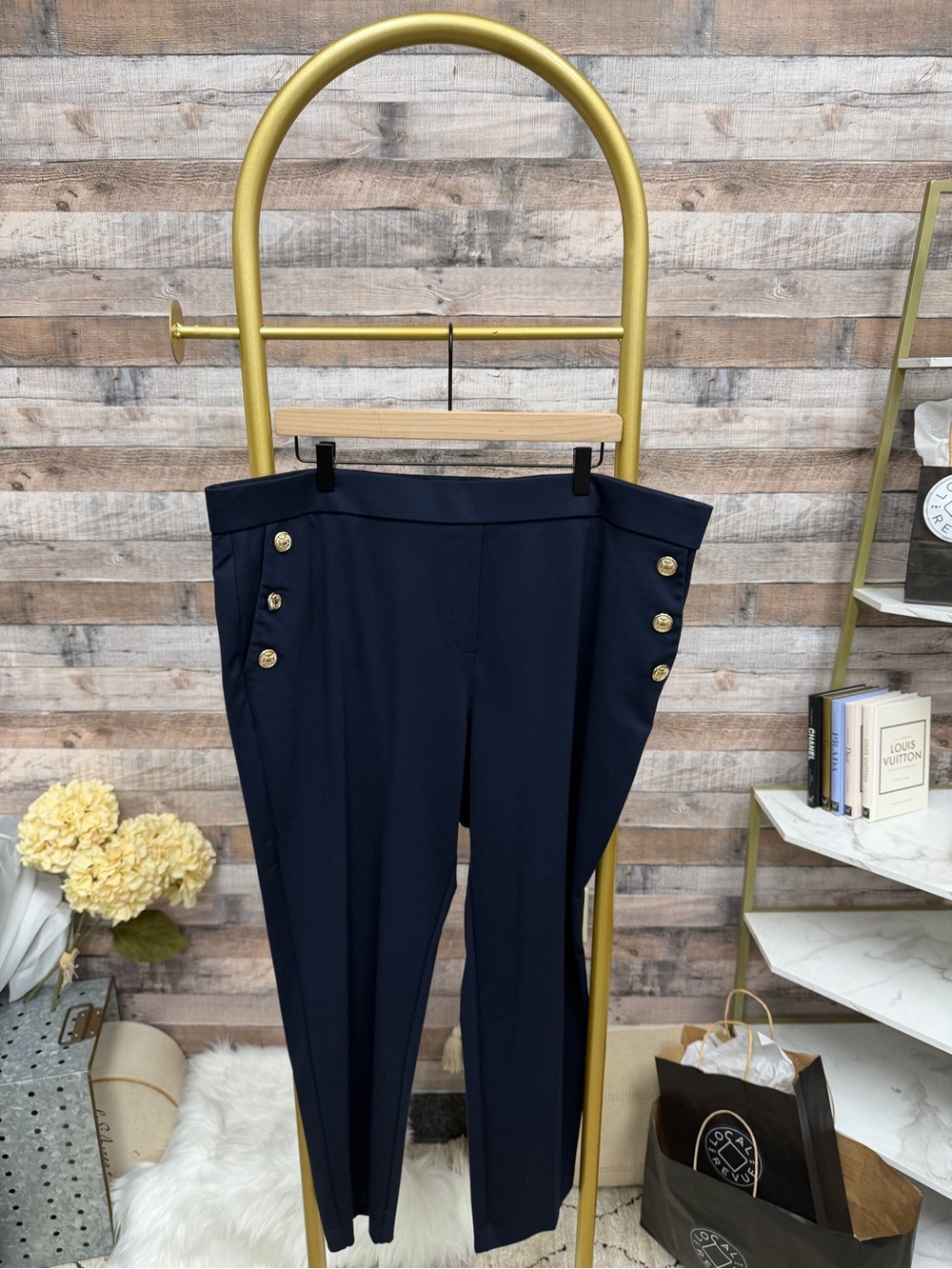Navy High-Waist Button Detail Trousers